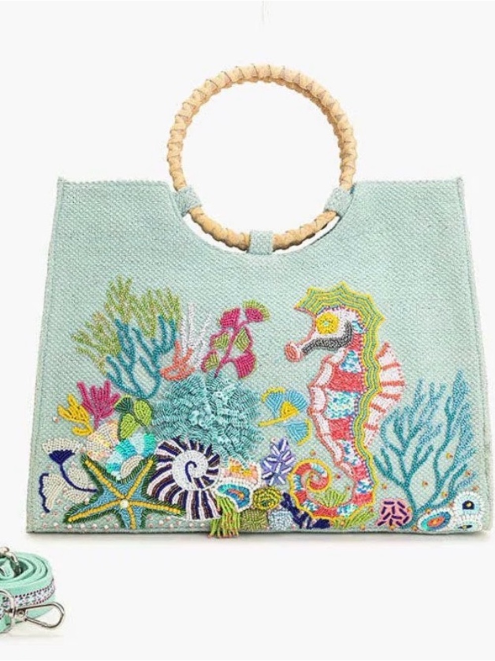 America & Beyond Beaded Under The Sea Tote Bag Aqua Beach Embroidered